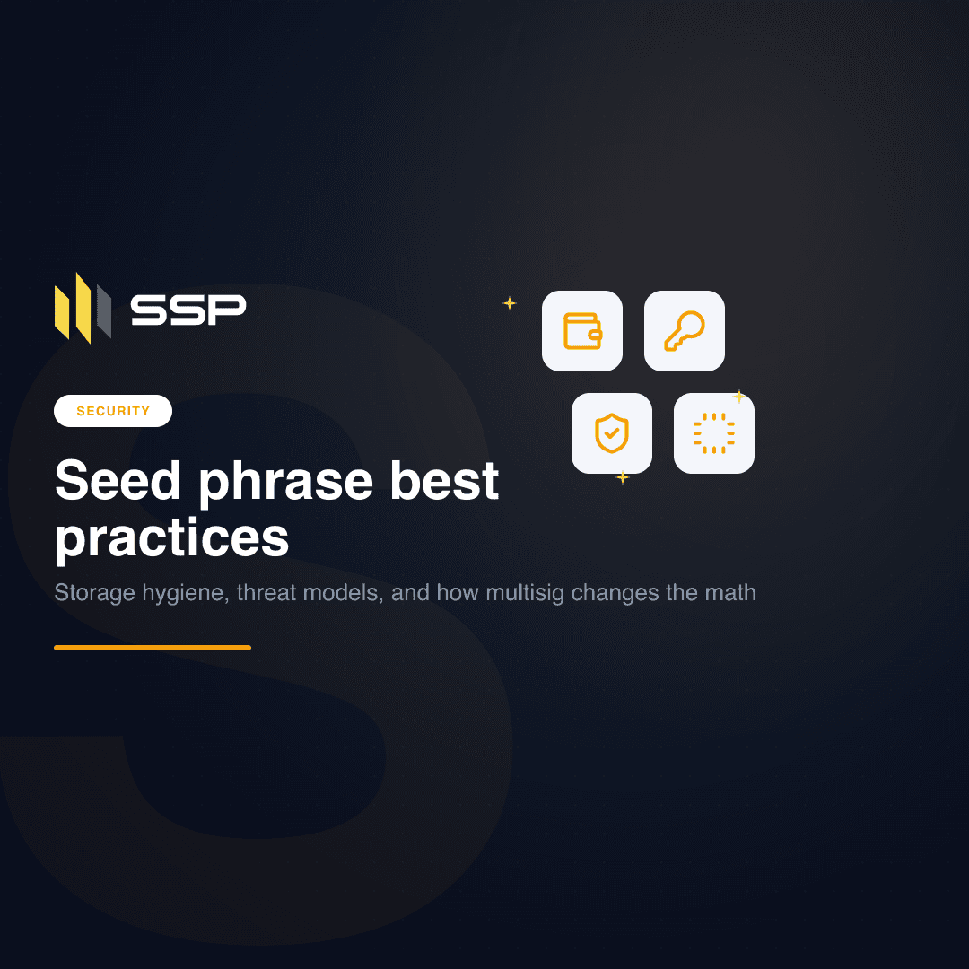Twelve-word seed phrase printed on a paper card next to a hardware wallet