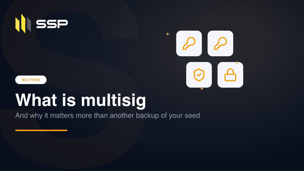 Navy SSP cover with key, shield and lock icons over a dark gradient, opening the Multisig Deep Dive series
