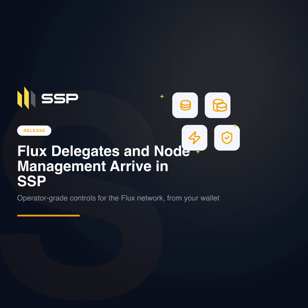 Cover with stacked database, coins, lightning bolt and shield-with-check icons over the headline 'Flux Delegates and Node Management Arrive in SSP'.