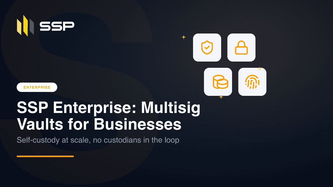Enterprise badge with shield-with-check, padlock, stacked coins and fingerprint icons over the headline 'SSP Enterprise: Multisig Vaults for Businesses'.