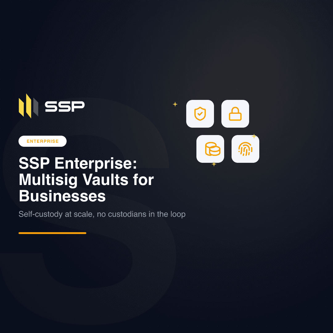 Enterprise badge with shield-with-check, padlock, stacked coins and fingerprint icons over the headline 'SSP Enterprise: Multisig Vaults for Businesses'.