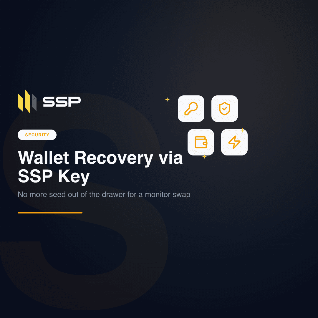 Security cover with key, shield-with-check, wallet and lightning-bolt icons over the headline 'Wallet Recovery via SSP Key'.