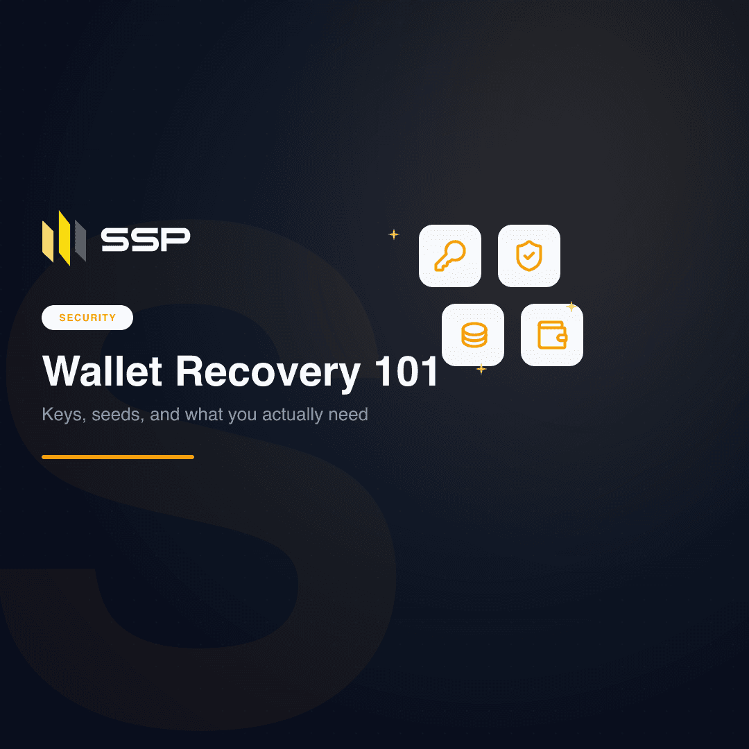 Wallet Recovery 101 cover with key, shield, database and wallet icons