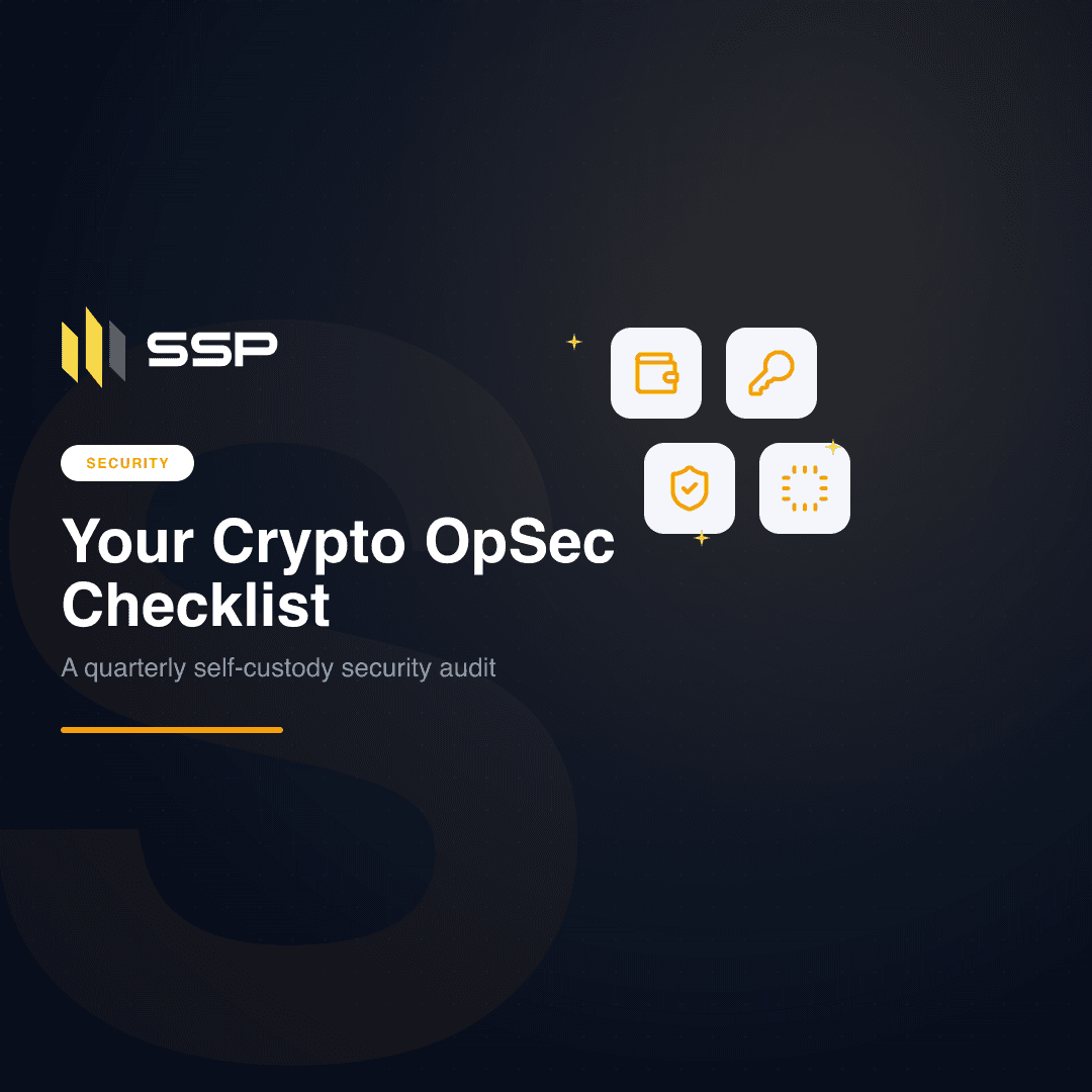 SSP security cover with wallet, key, shield, and chip icons for a crypto OpSec checklist