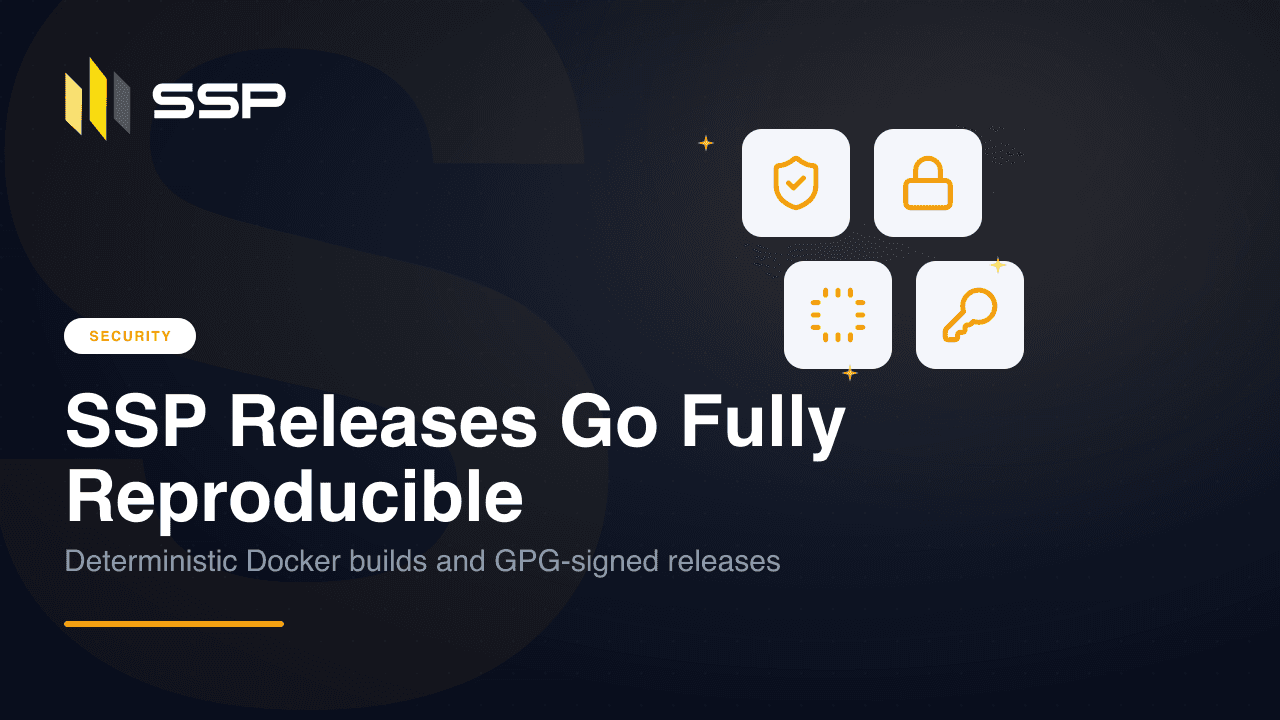 SECURITY badge with shield-with-check, padlock, processor chip, and key icons over the headline 'SSP Releases Go Fully Reproducible'.
