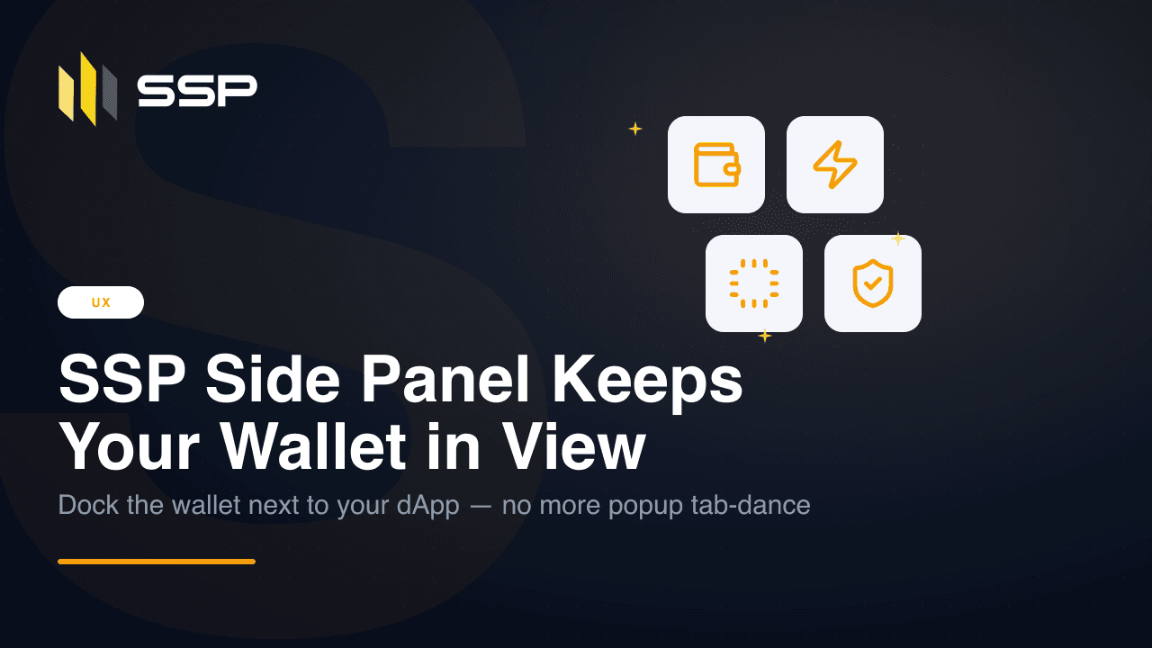 UX badge with wallet, lightning bolt, chip and shield-with-check icons over the headline 'SSP Side Panel Keeps Your Wallet in View'.