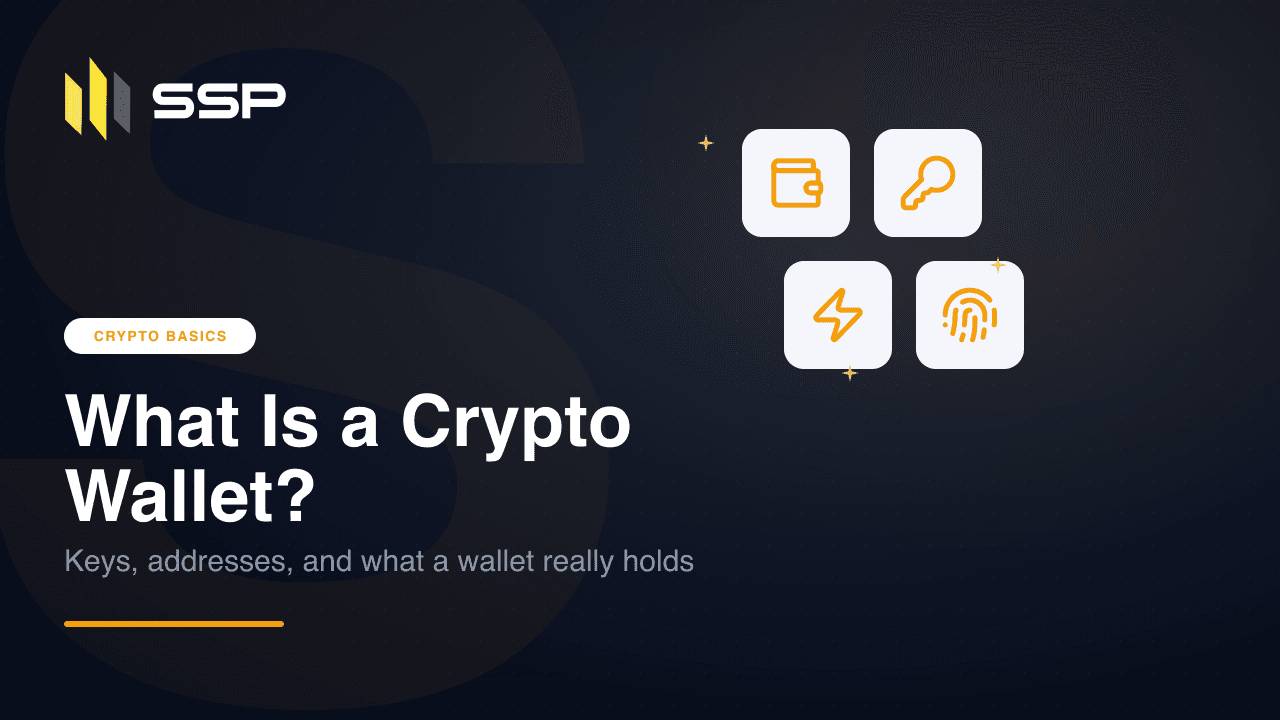 Illustration of a crypto wallet as a keyring holding private and public keys, with a blockchain ledger behind it