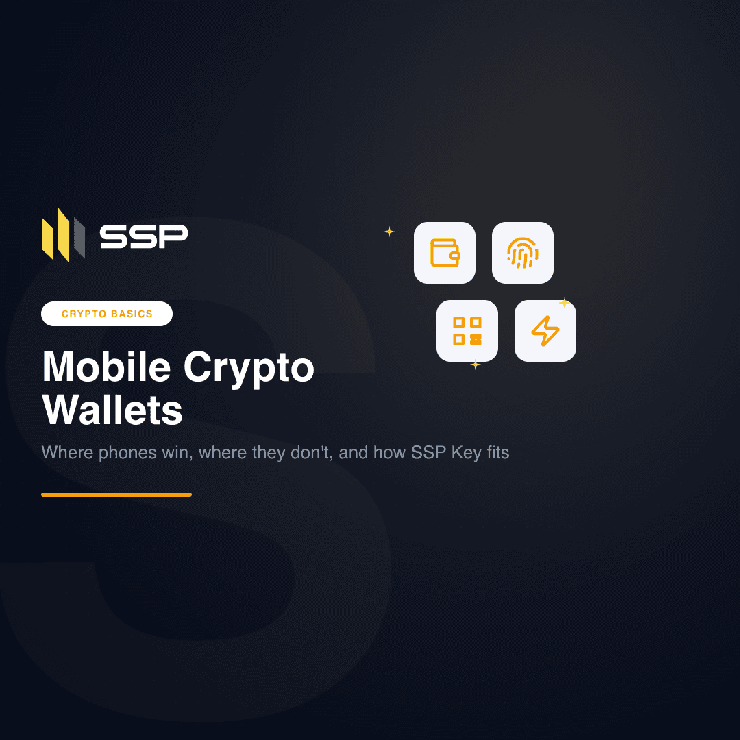 SSP Academy cover for a beginner guide to mobile crypto wallets and SSP Key