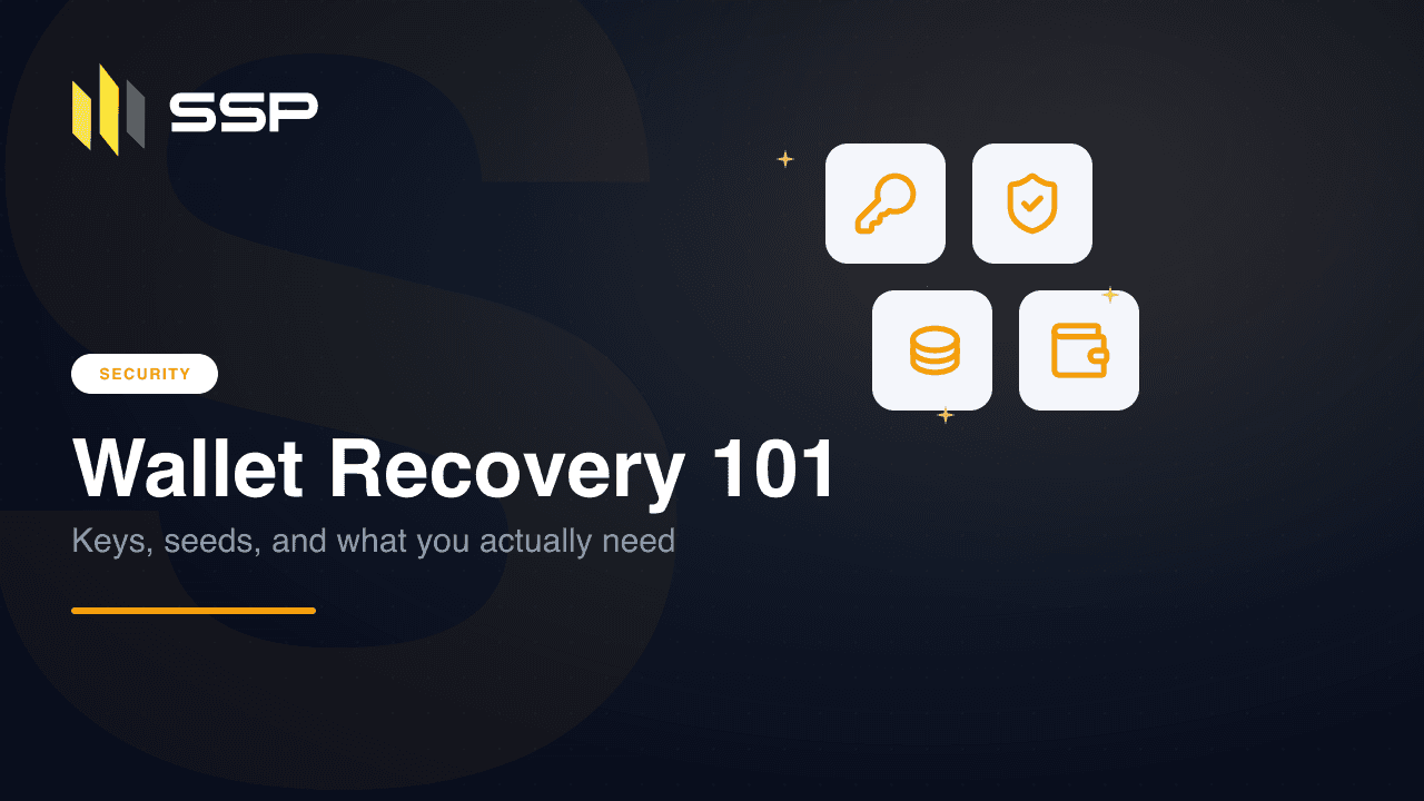Wallet Recovery 101 cover with key, shield, database and wallet icons