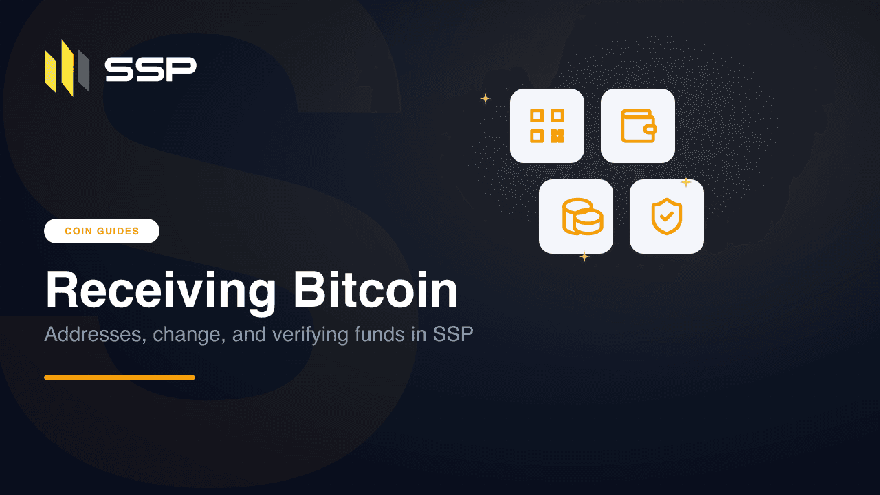 SSP article cover for receiving Bitcoin, showing QR code, wallet, coins and shield-check icons