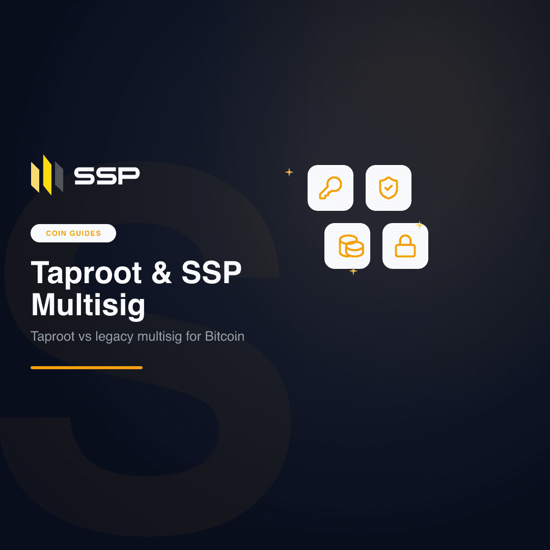 Cover graphic for Taproot and SSP Bitcoin multisig with key, shield, coins and lock icons