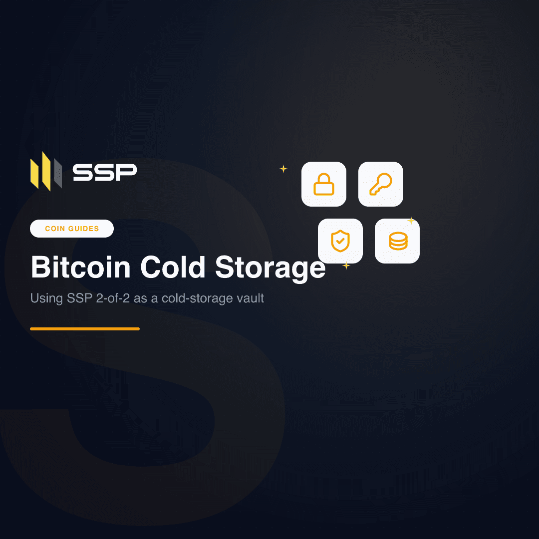 Bitcoin cold storage vault concept with lock, key, shield and database icons in SSP brand style