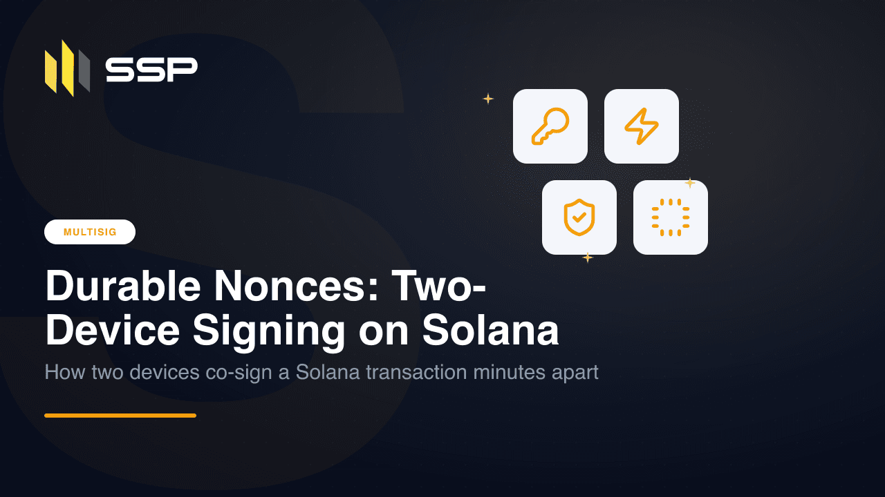 SSP brand cover for a Multisig Explained article on Solana durable nonces and two-device signing
