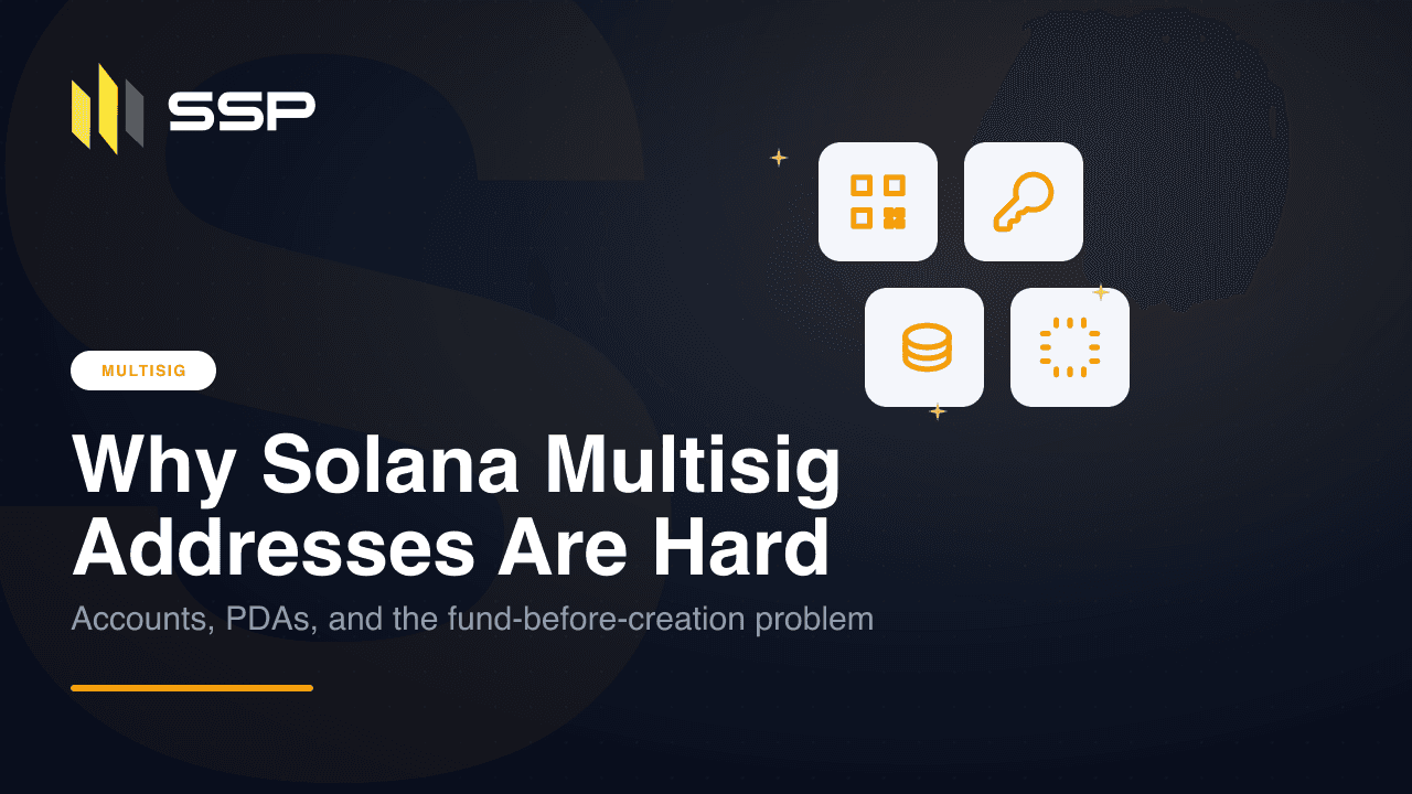 SSP brand cover for an article on Solana multisig addresses, with QR code, key, database, and chip icons