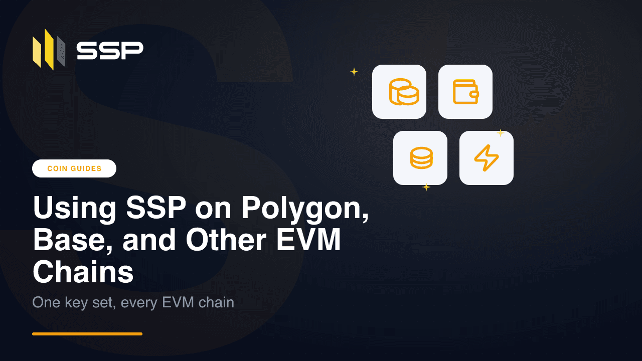 SSP logo on a dark blue background with a Coin Guides badge and amber chain icons, titled Using SSP on Polygon, Base, and Other EVM Chains