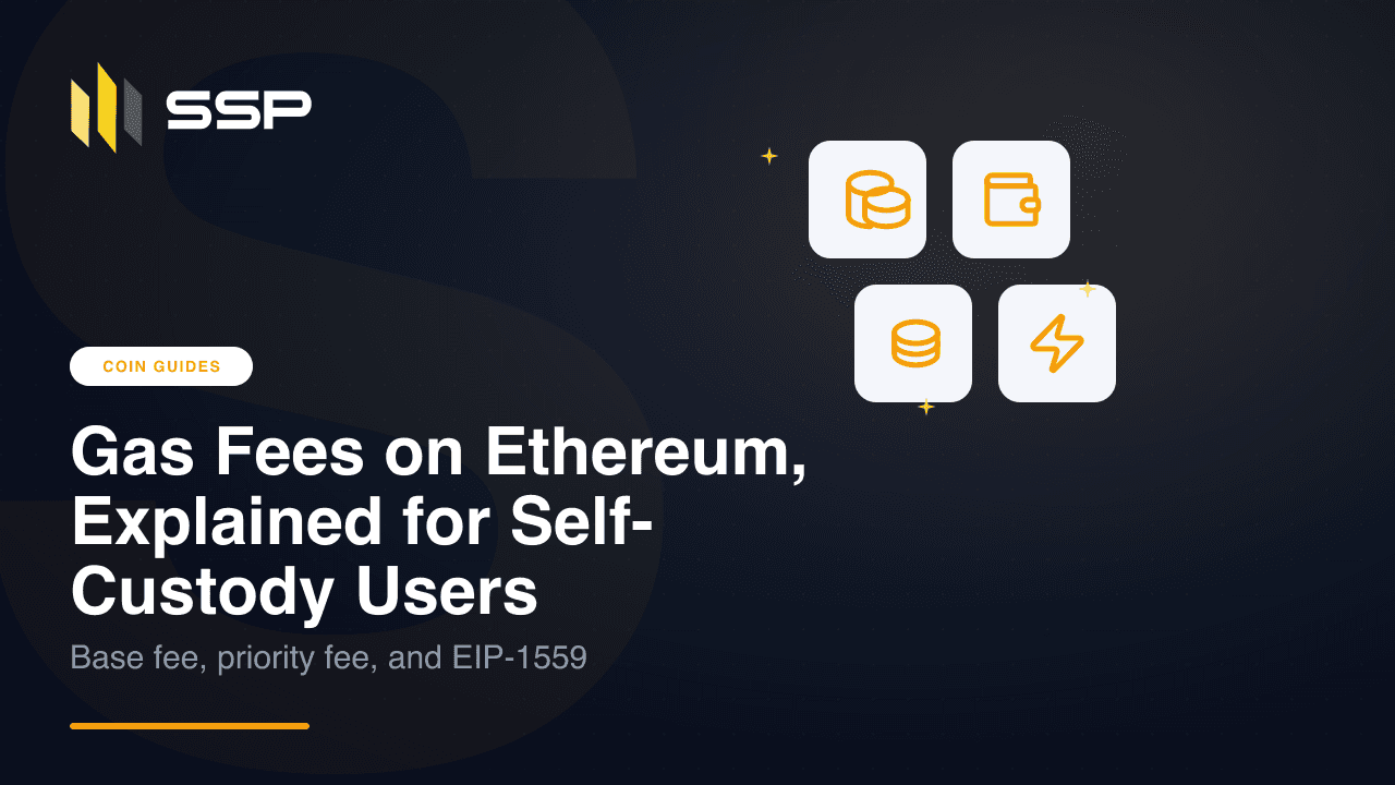 SSP coin-guides cover for gas fees on Ethereum, with base fee, priority fee and EIP-1559 subtitle on a dark navy and amber background