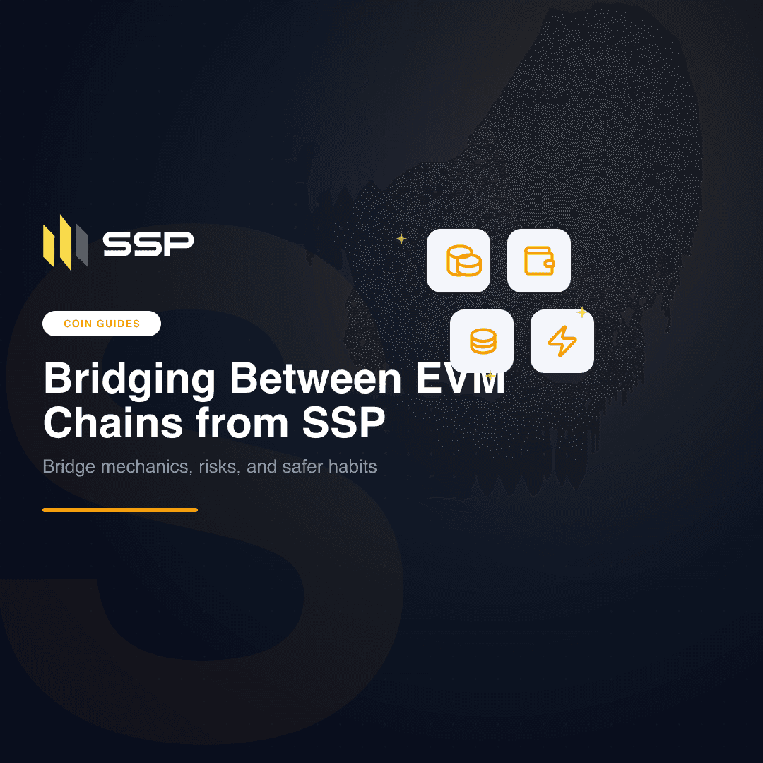 Asset moving across a bridge between EVM chains, secured by SSP's two-device signing