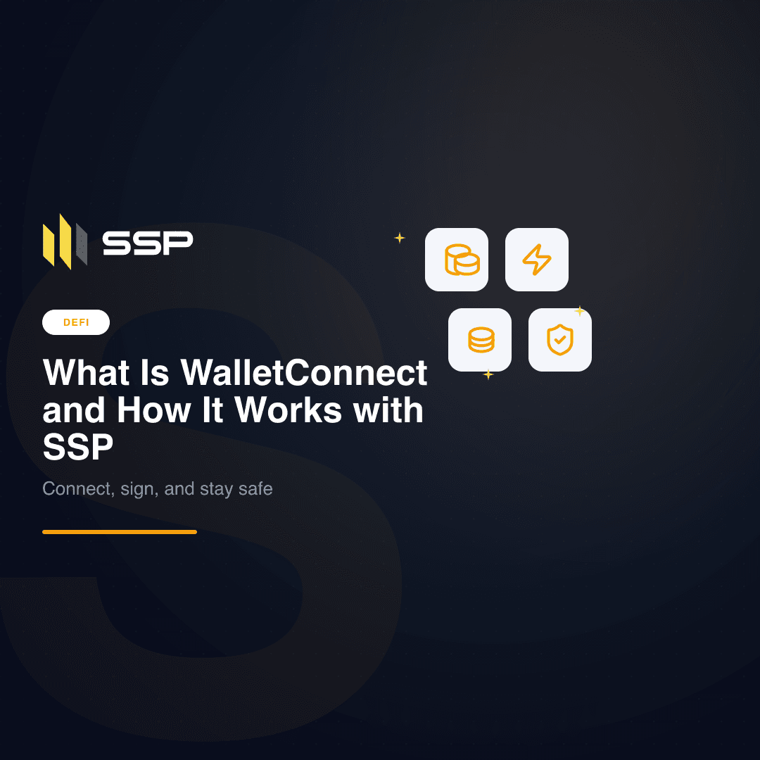 Square illustration of WalletConnect bridging SSP and a dApp with a co-signing prompt.