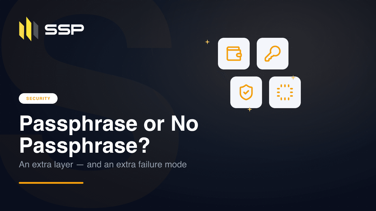 Cover graphic for a security guide on BIP-39 passphrases, showing wallet, key, shield, and chip icons beside the title.