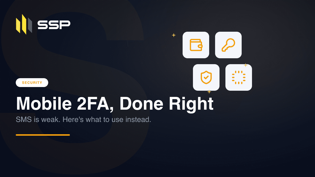 SSP Academy cover for a guide to mobile two-factor authentication, with wallet, key, and shield icons on a dark background.