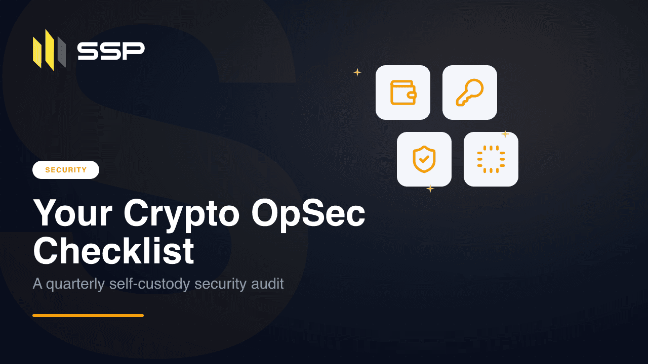 SSP security cover with wallet, key, shield, and chip icons for a crypto OpSec checklist