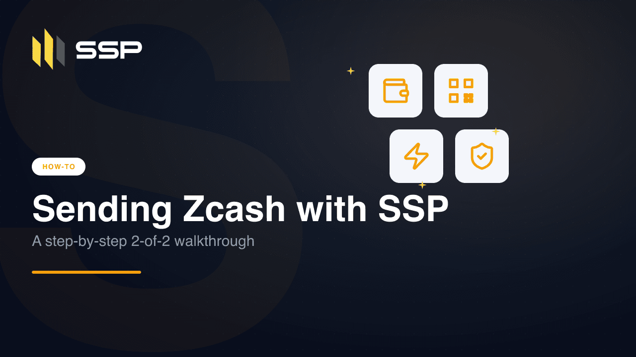 SSP-branded how-to cover for sending Zcash, with wallet, QR code, lightning, and shield icons.