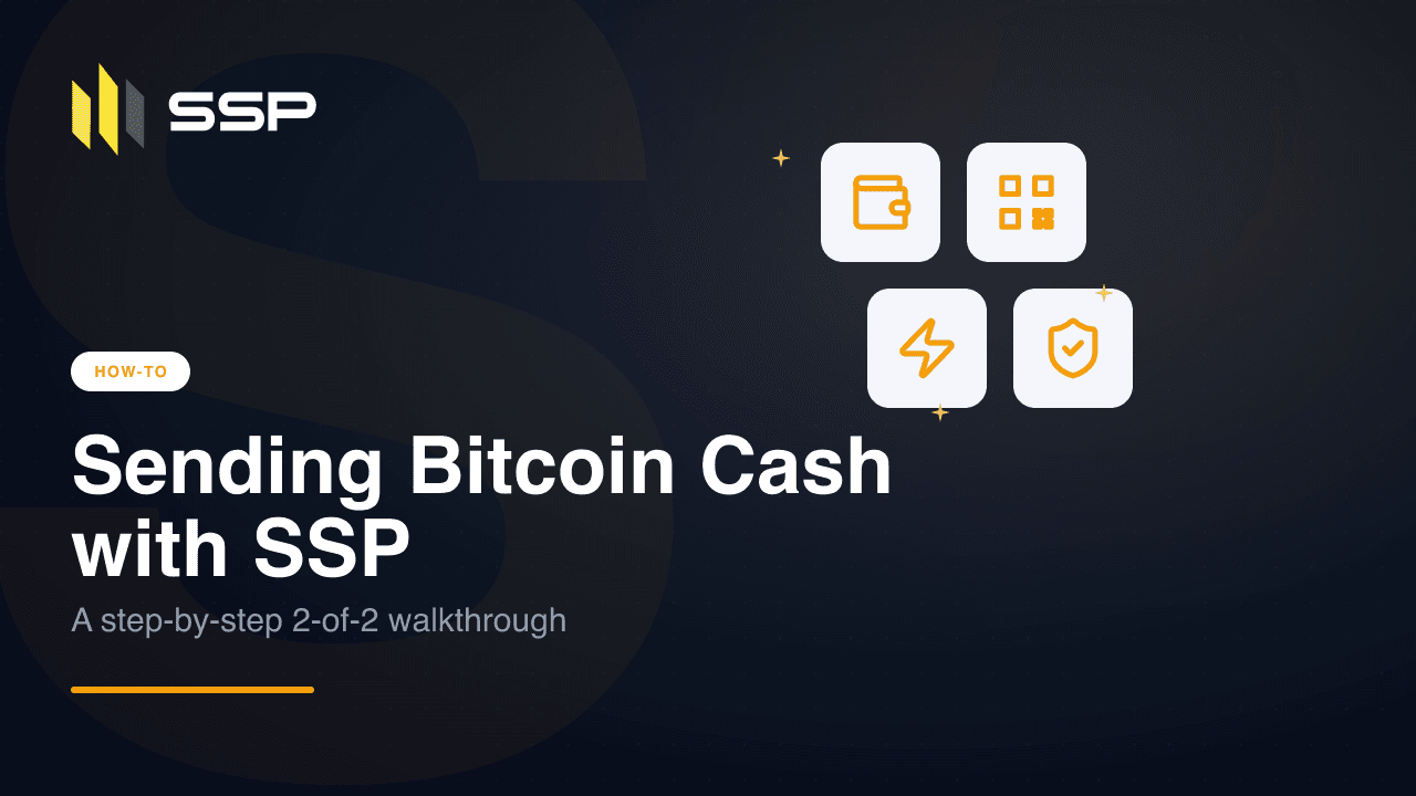 SSP how-to cover for sending Bitcoin Cash, with wallet, QR code, lightning, and shield icons