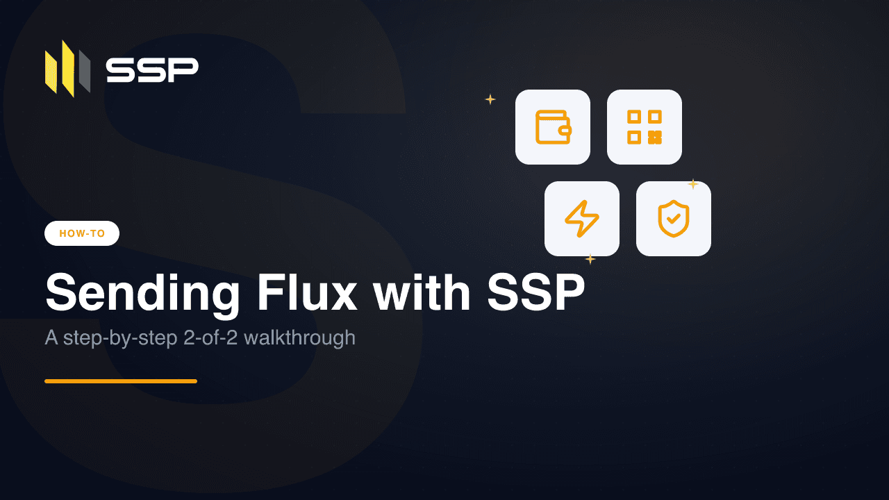 Sending Flux with SSP how-to cover with wallet, QR code, lightning, and shield icons