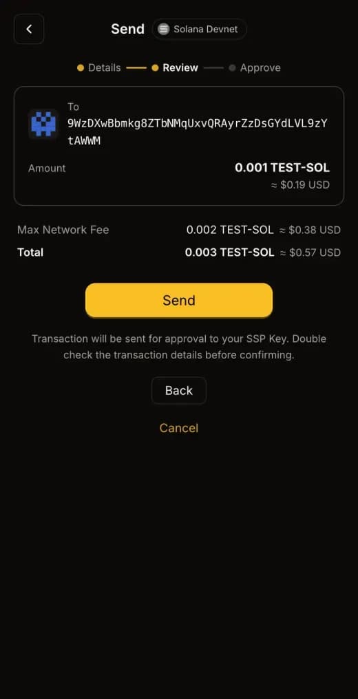 Reviewing a Solana send in SSP Wallet, dark mode